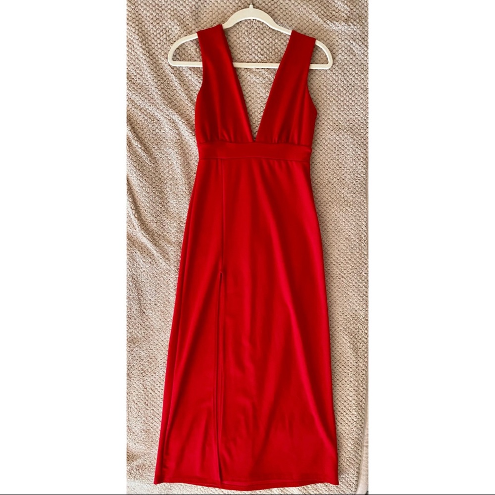 Long Red Deep-V Dress